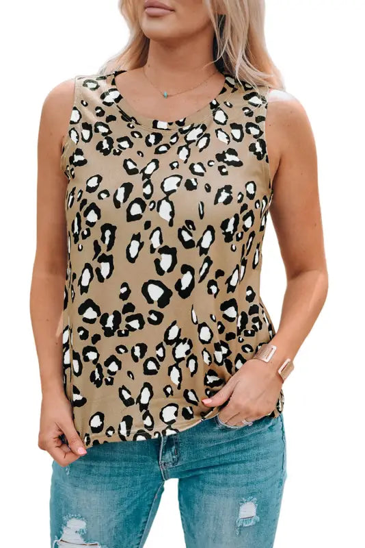 Leopard crew neck tank top - tops