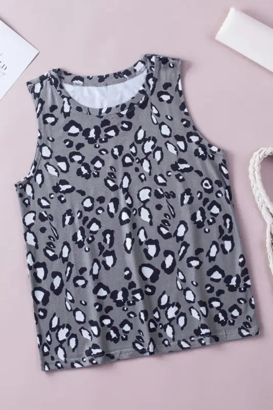 Leopard crew neck tank top - tops