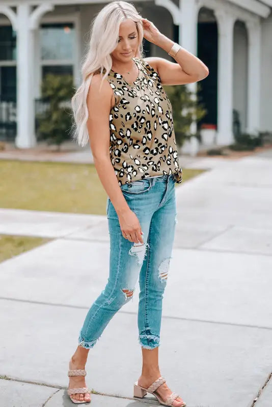 Leopard crew neck tank top - tops