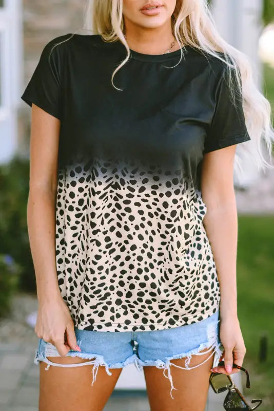 Leopard dotted contrast casual pocket t shirt dress - t-shirt dresses