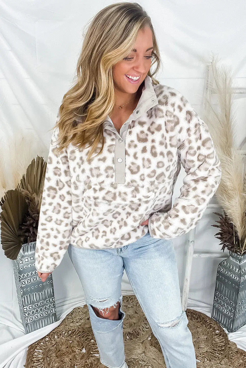 Leopard fleece snap button pullover sweatshirt - sweatshirts & hoodies