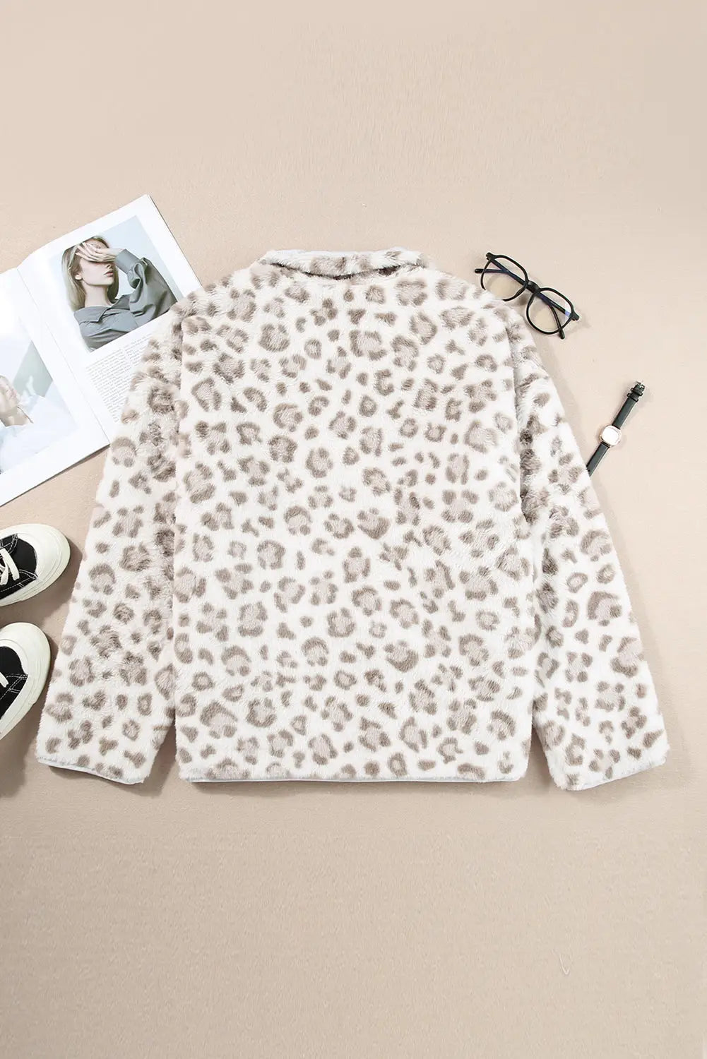 Leopard fleece snap button pullover sweatshirt - sweatshirts & hoodies
