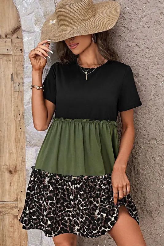 Leopard frill trim t-shirt dress - t shirt dresses