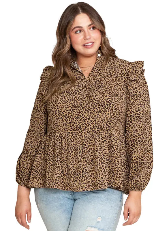 Leopard frilled shoulder decor plus size babydoll top