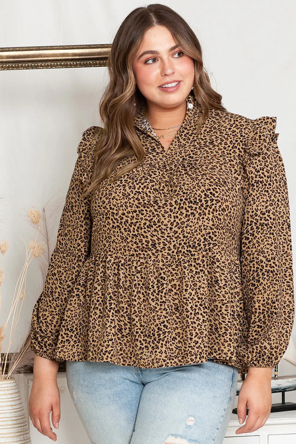 Leopard frilled shoulder decor plus size babydoll top - 1x / 100% polyester