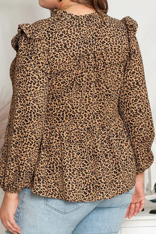 Leopard frilled shoulder decor plus size babydoll top