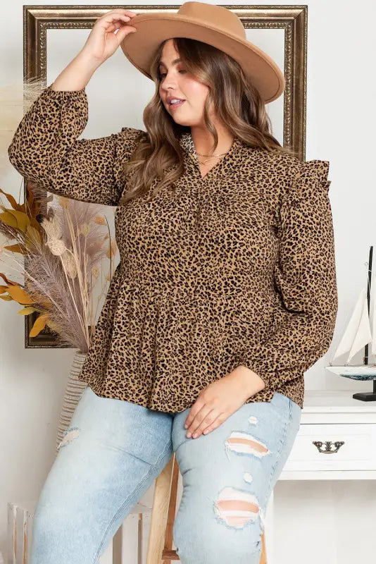 Leopard frilled shoulder decor plus size babydoll top