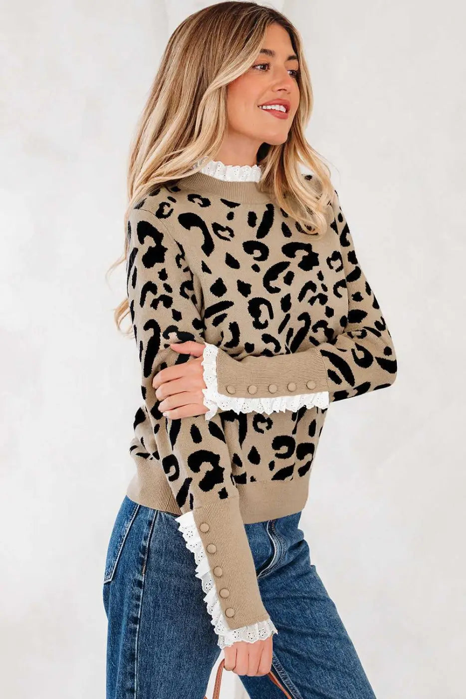 Leopard lace cuff knit sweater | women’s brown pullover