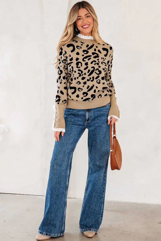 Leopard lace cuff knit sweater | women’s brown pullover