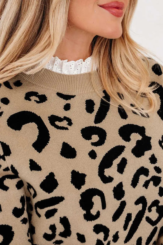 Leopard lace cuff knit sweater | women’s brown pullover