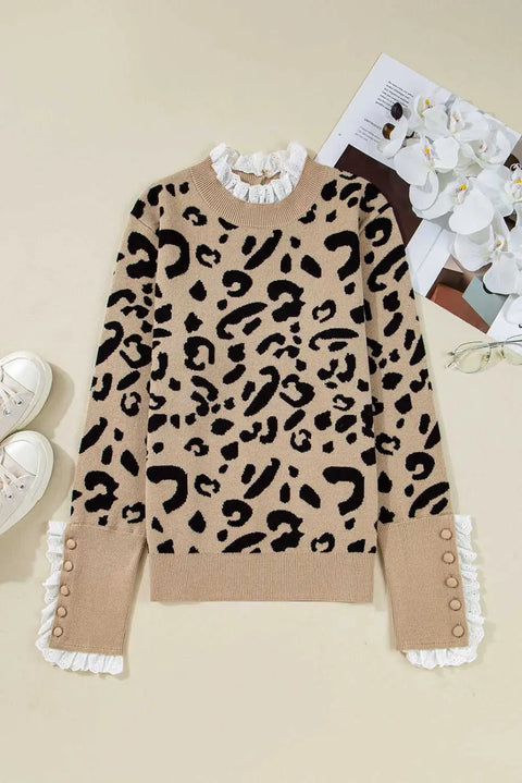 Brown leopard lace cuff knit sweater front view — Fashionfitz UK