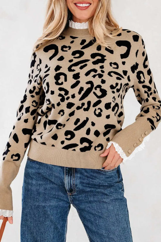 Leopard lace cuff knit sweater | women’s brown pullover