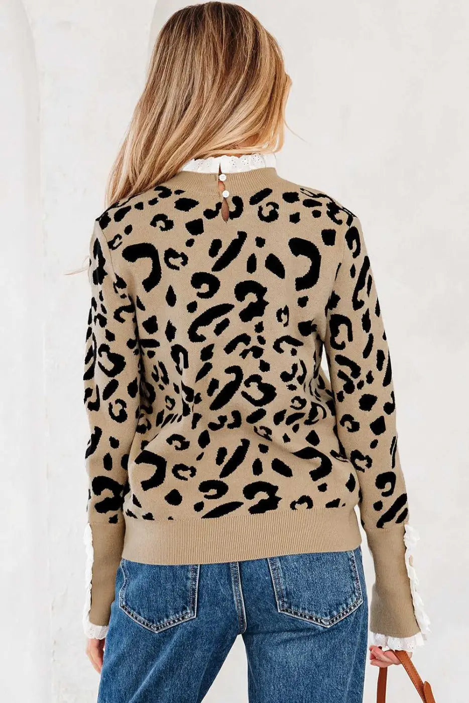Leopard lace cuff knit sweater | women’s brown pullover