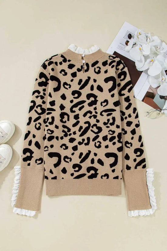 Leopard lace cuff knit sweater | women’s brown pullover