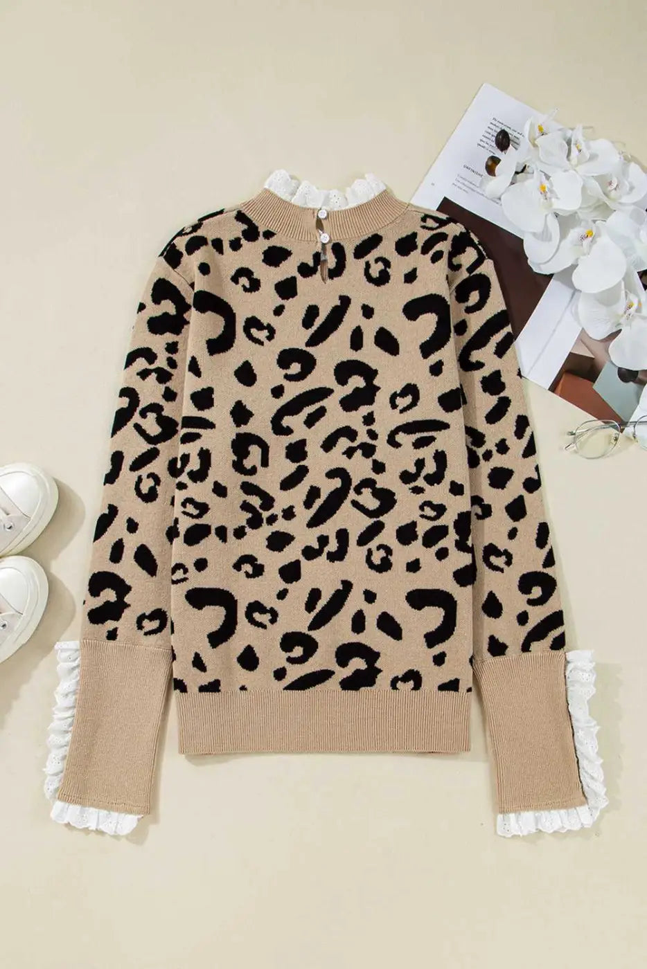 Leopard lace cuff knit sweater | women’s brown pullover