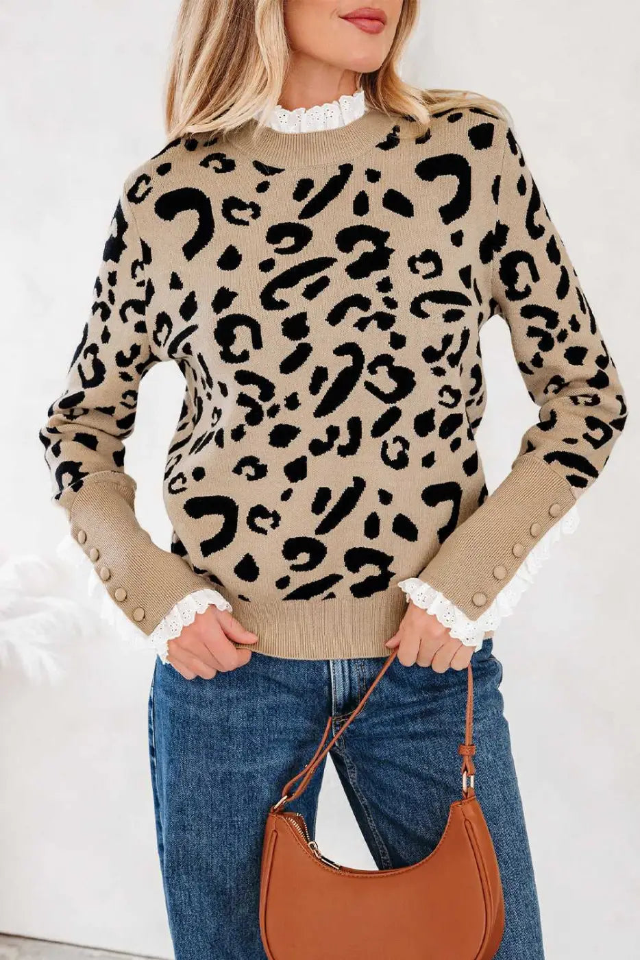 Leopard lace cuff knit sweater | women’s brown pullover