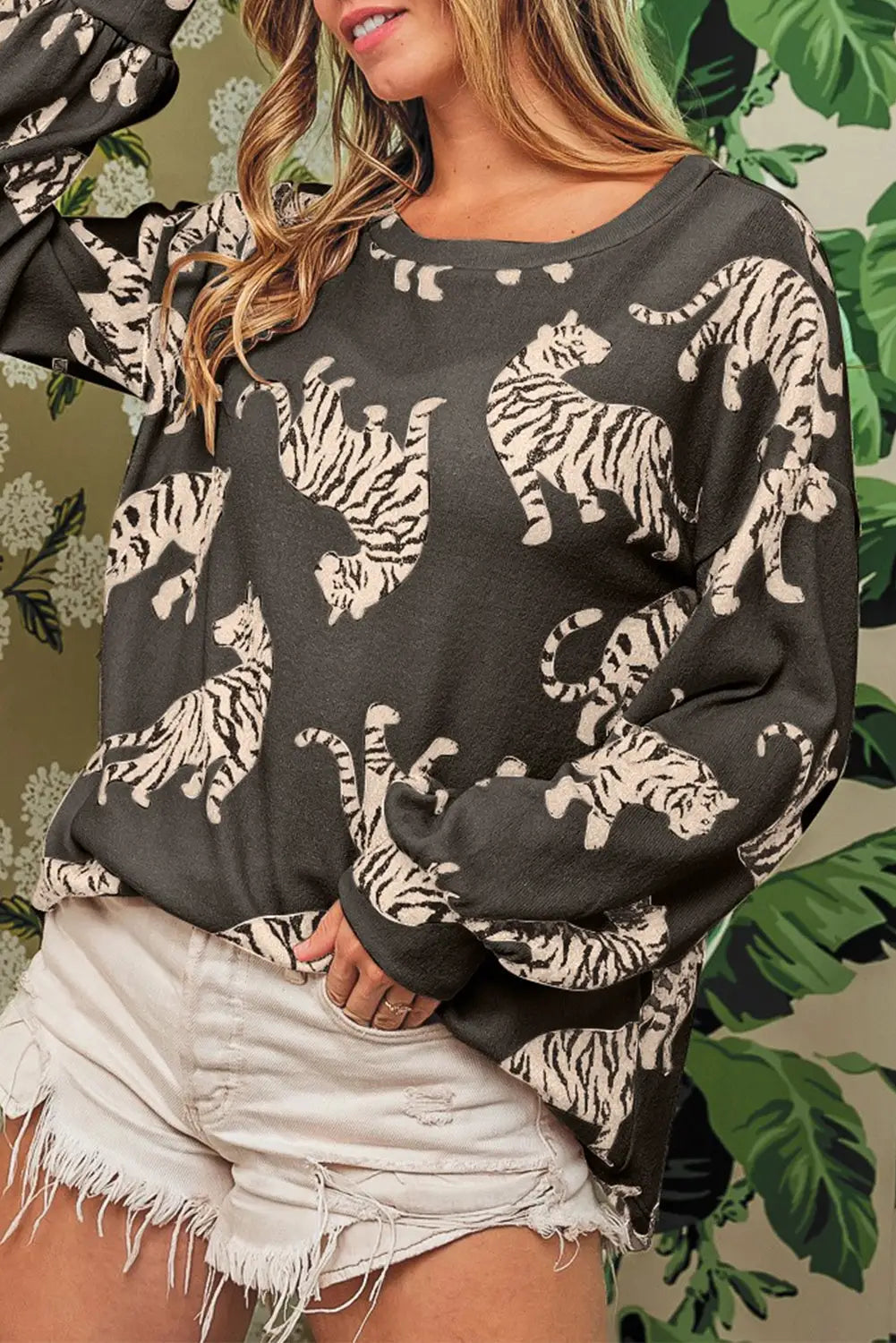 Leopard lively tiger print casual sweatshirt - s / 92% polyester + 8% elastane - sweatshirts & hoodies