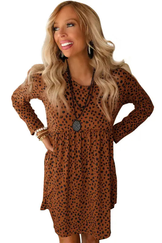 Leopard long sleeve babydoll dress - mini dresses