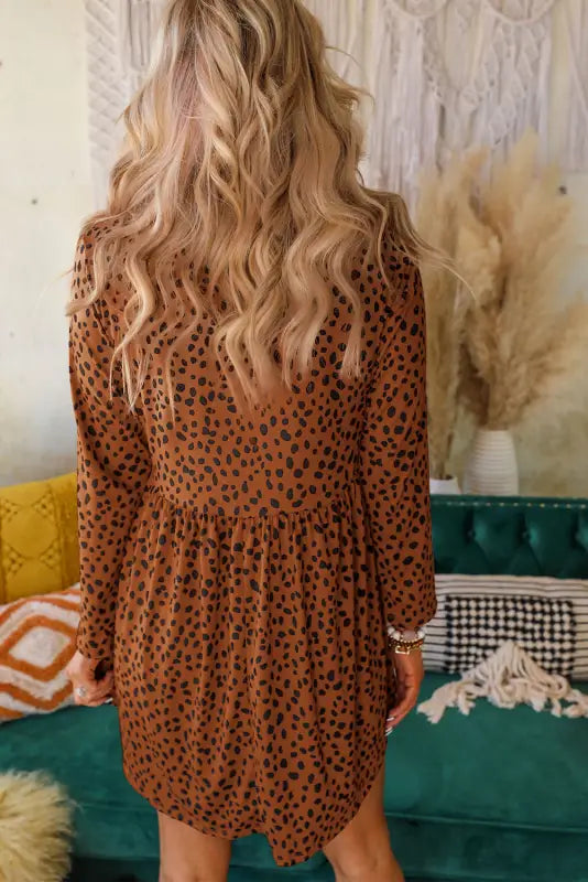 Leopard long sleeve babydoll dress - mini dresses