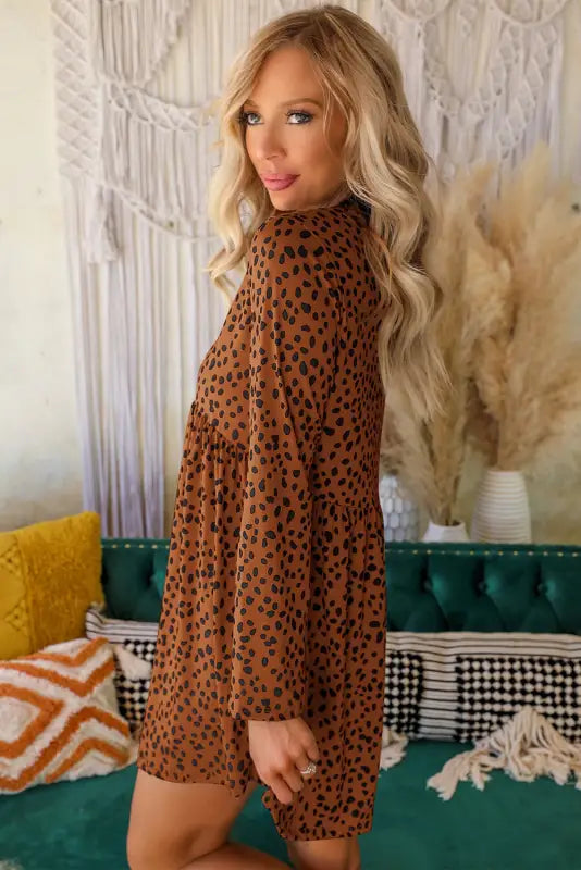 Leopard long sleeve babydoll dress - mini dresses