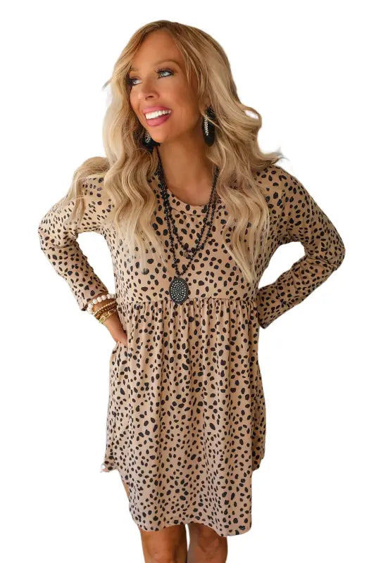 Leopard long sleeve babydoll dress - mini dresses