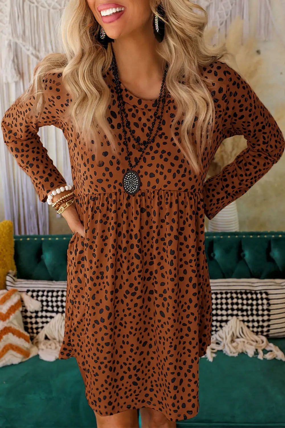 Leopard long sleeve babydoll dress - brown / s 95% polyester + 5% elastane mini dresses