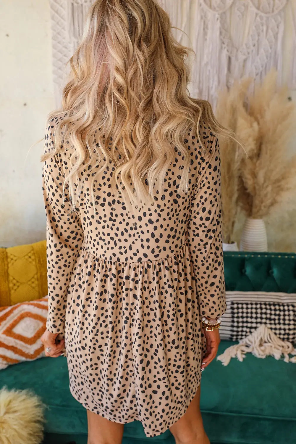 Leopard long sleeve babydoll dress - mini dresses