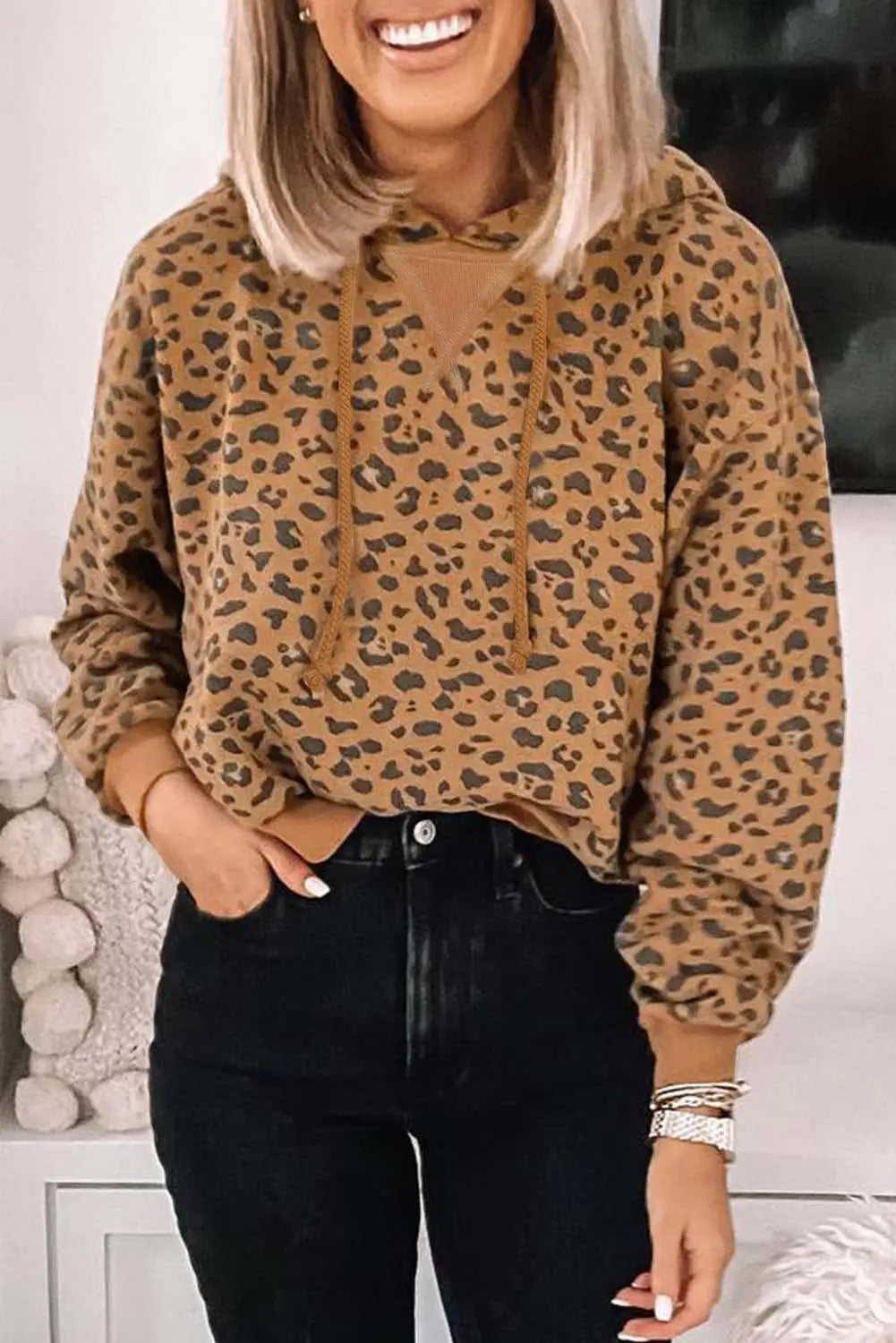 Leopard long sleeve drawstring cropped hoodie - s / 95% polyester + 5% elastane - sweatshirts & hoodies