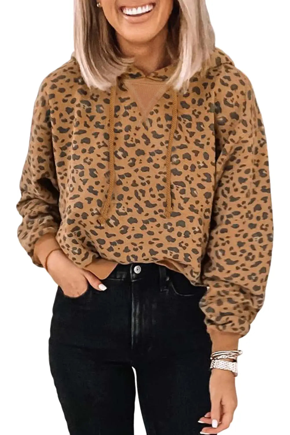Leopard long sleeve drawstring cropped hoodie - sweatshirts & hoodies