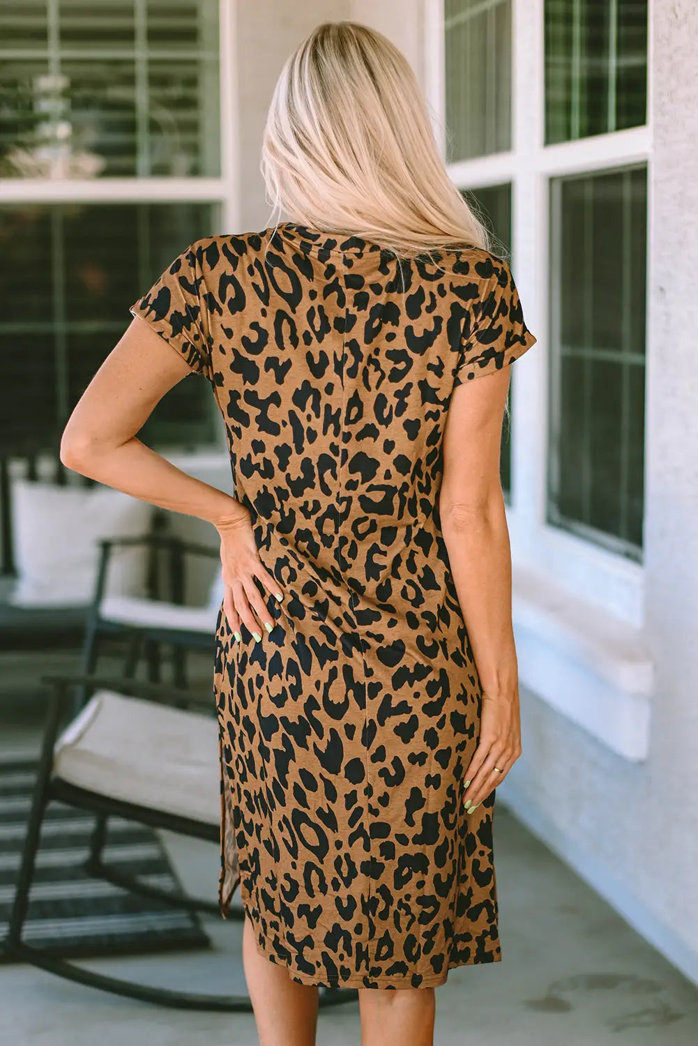 Leopard mama letter print slit t-shirt dress - dresses