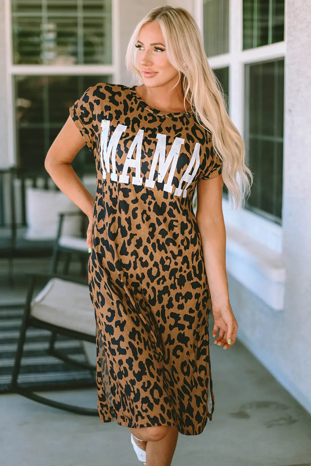 Leopard mama letter print slit t-shirt dress - s /