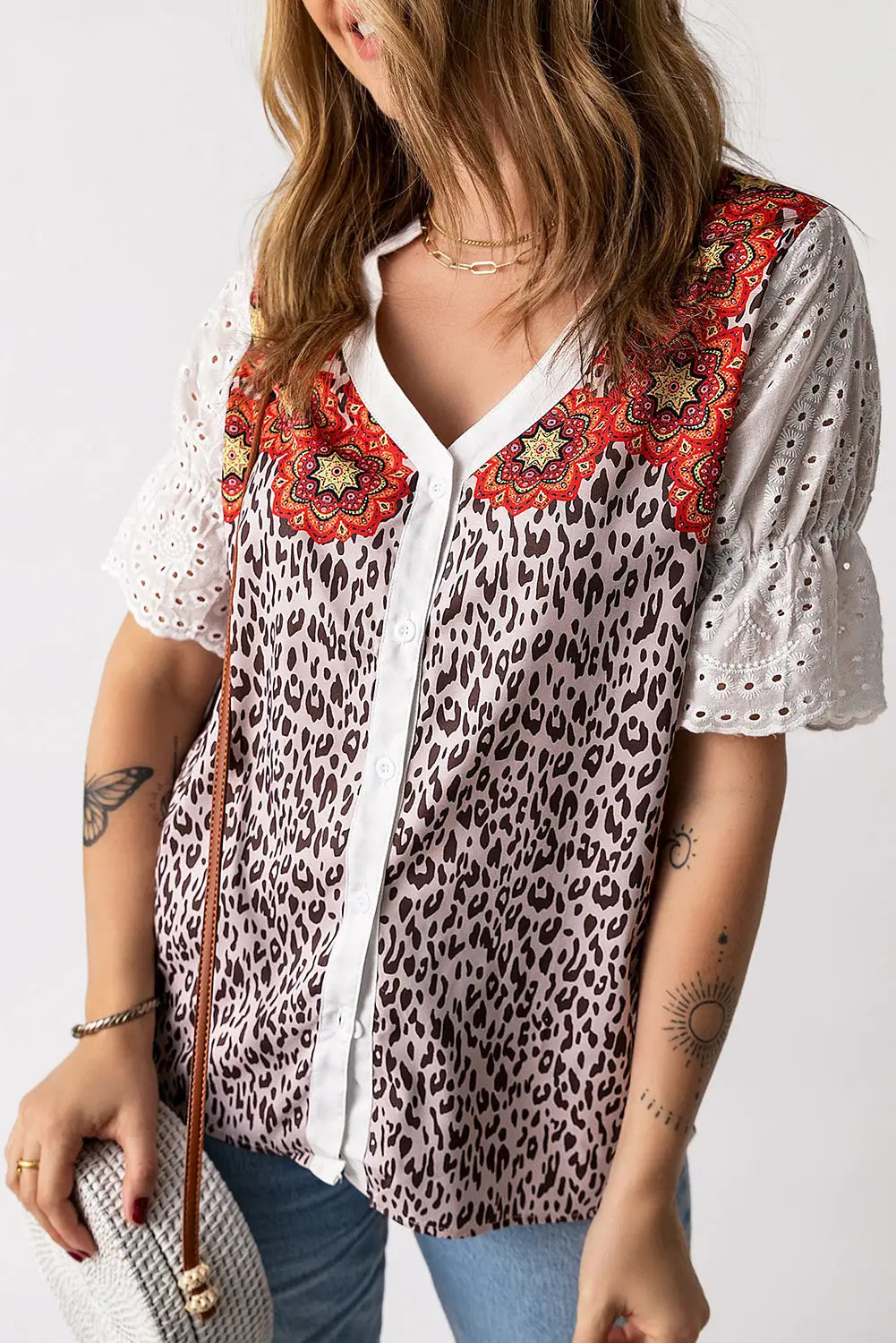 Leopard mandala hollow-out sleeves t-shirt - s / 100% polyester - t-shirts