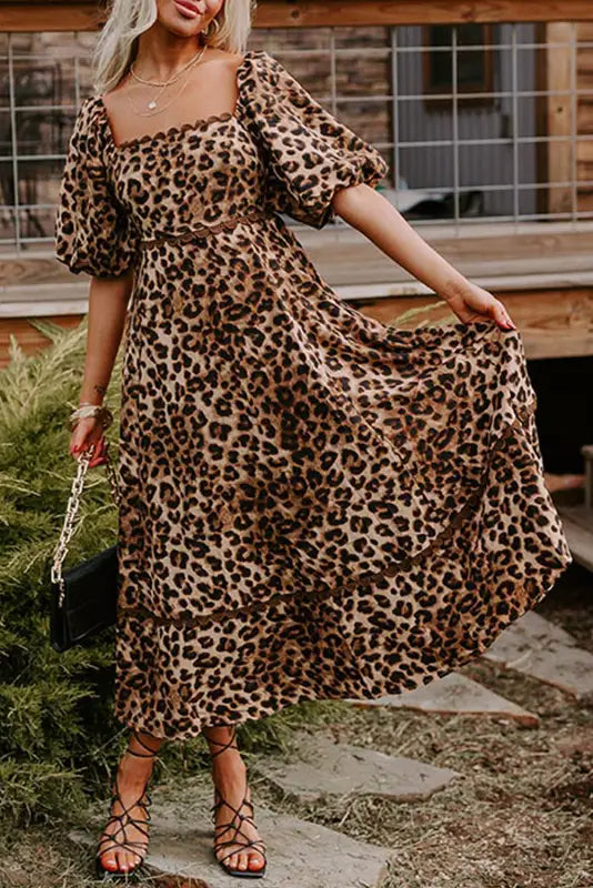 Leopard maxi dress - bubble sleeve square neck | fashionfitz