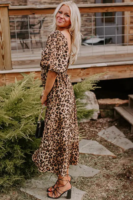 Leopard maxi dress - bubble sleeve square neck | fashionfitz