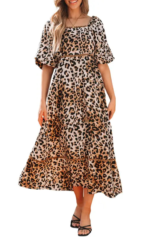 Leopard maxi dress - bubble sleeve square neck | fashionfitz