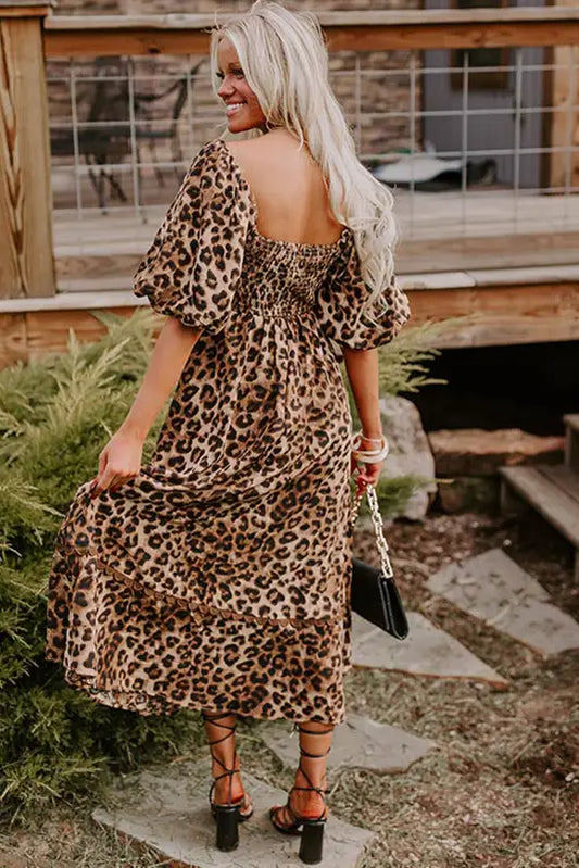 Leopard maxi dress - bubble sleeve square neck | fashionfitz