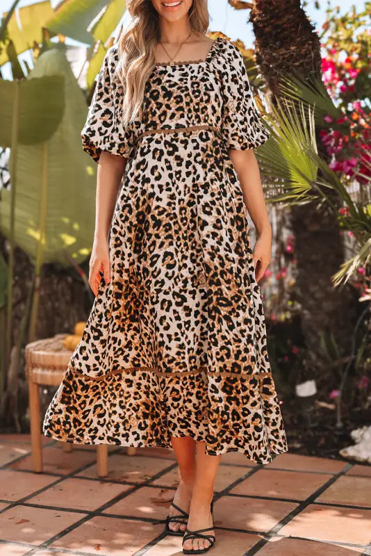 Leopard maxi dress - bubble sleeve square neck | fashionfitz