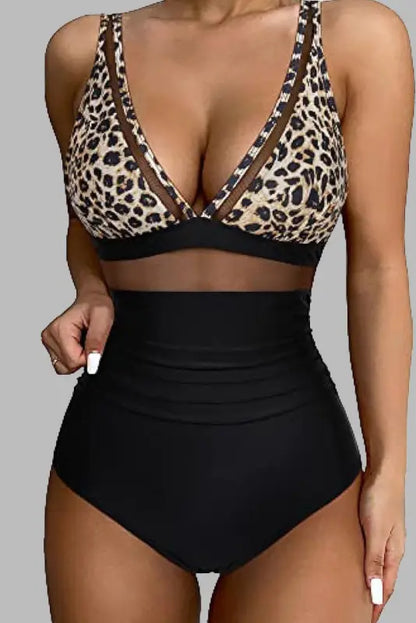 Leopard mesh high waist monokini - brown / s - one piece swimsuits