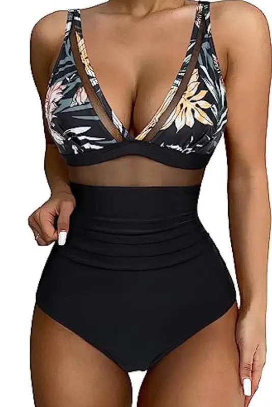 Leopard mesh high waist monokini - one piece swimsuits