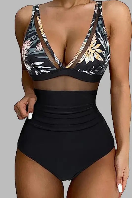 Leopard mesh high waist monokini - one piece swimsuits