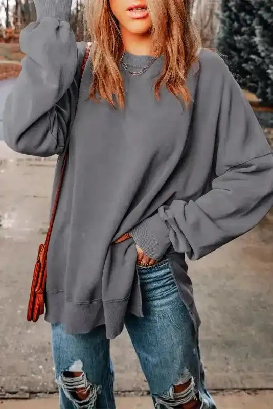 Leopard Patchwork Bishop Sleeve Slit Sweatshirt - Fashionfitz