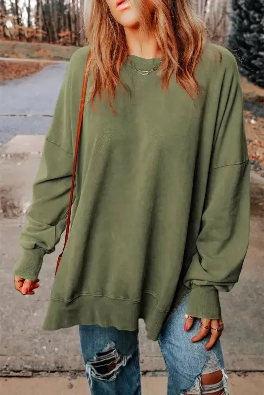 Leopard Patchwork Bishop Sleeve Slit Sweatshirt - Fashionfitz