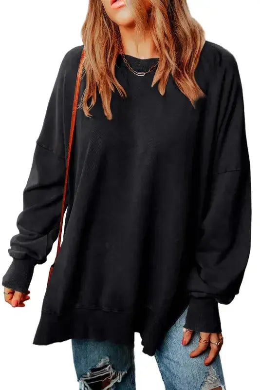 Leopard Patchwork Bishop Sleeve Slit Sweatshirt - Fashionfitz