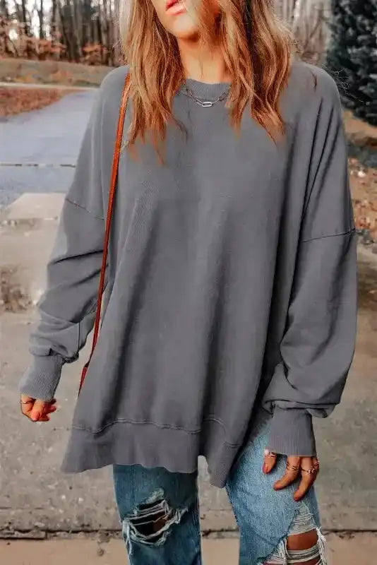 Leopard Patchwork Bishop Sleeve Slit Sweatshirt - Fashionfitz