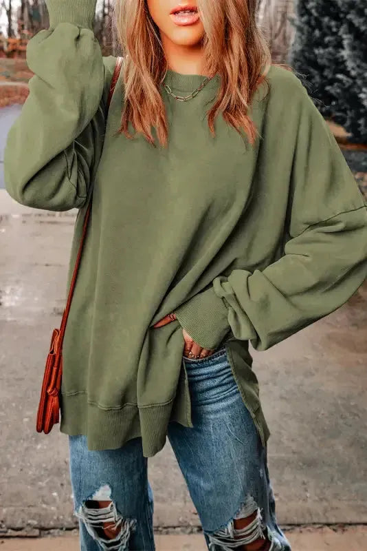 Leopard Patchwork Bishop Sleeve Slit Sweatshirt - Fashionfitz
