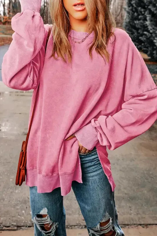 Leopard Patchwork Bishop Sleeve Slit Sweatshirt - Fashionfitz
