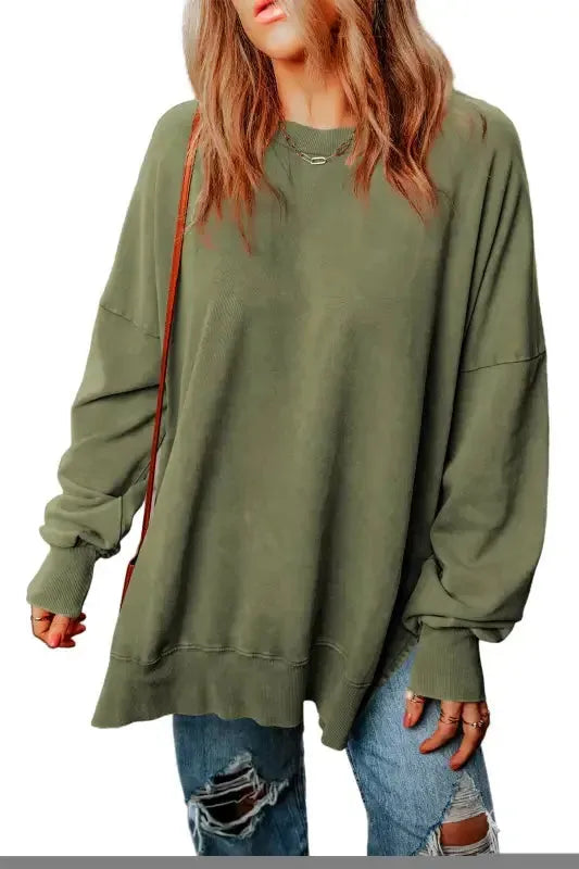 Leopard Patchwork Bishop Sleeve Slit Sweatshirt - Fashionfitz