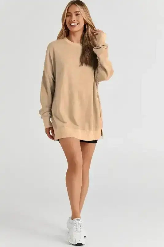 Leopard Patchwork Bishop Sleeve Slit Sweatshirt - Fashionfitz