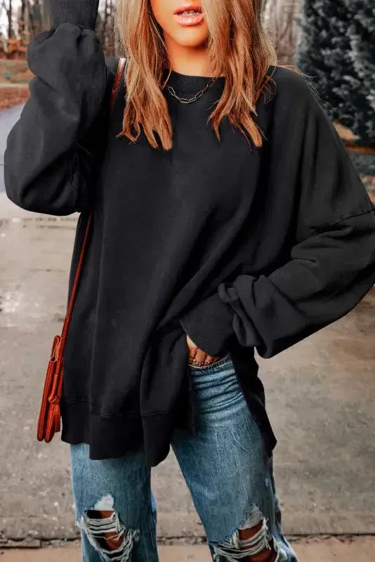 Leopard Patchwork Bishop Sleeve Slit Sweatshirt - Fashionfitz