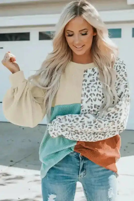 Leopard patchwork color block ribbed long sleeve top in beige, teal, rust, and animal print, perfect for fall casual wear.
